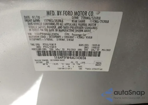 2010 Ford Taurus Limited z USA, uszkodzony, nr VIN 1FAHP2FW4AG143036